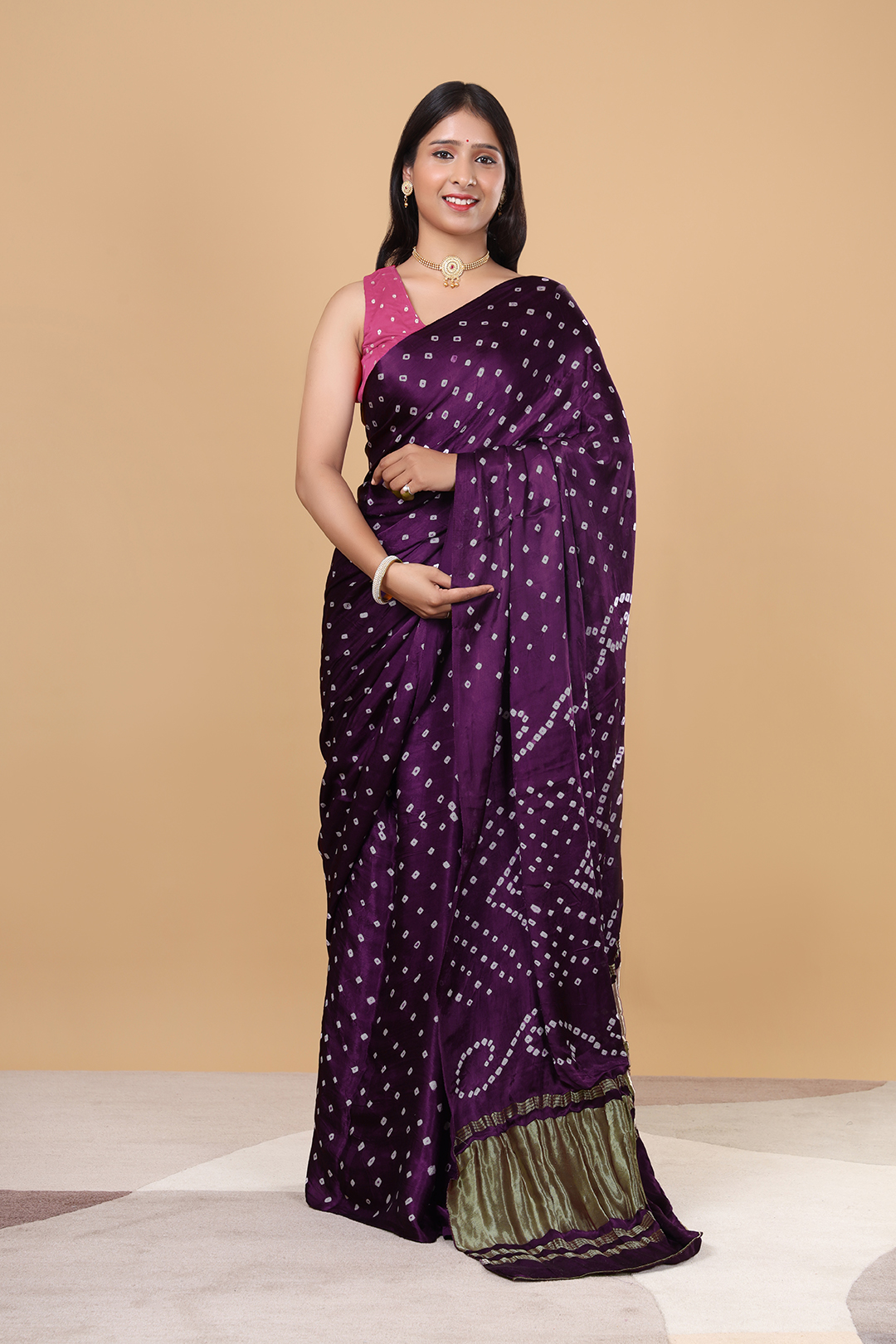 V Glame Solid purple Gajji Bandhej Saree with Full Bandhej Zari Pallu
